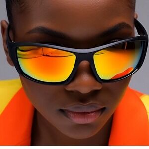 Sporty Mirrored Sunglasses Black Frame Orange Yellow Lenses Women's Athletic New